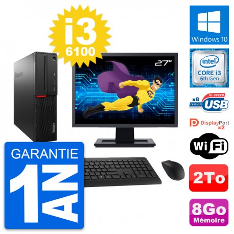 PC Lenovo M800 SFF Ecran 27" Intel i3-6100 RAM 8Go Disque 2To Windows 10 Wifi