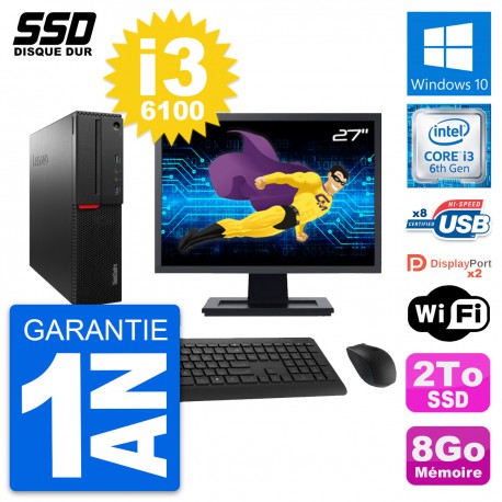 PC Lenovo M800 SFF Ecran 27" Intel Core i3-6100 RAM 8Go SSD 2To Windows 10 Wifi