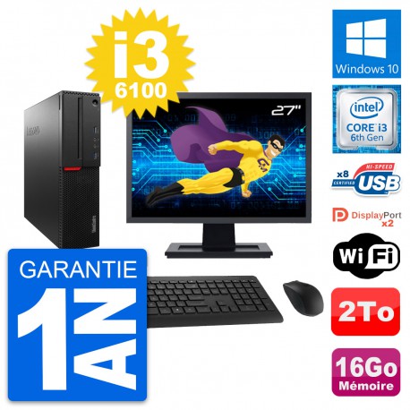 PC Lenovo M800 SFF Ecran 27" Intel i3-6100 RAM 16Go Disque 2To Windows 10 Wifi