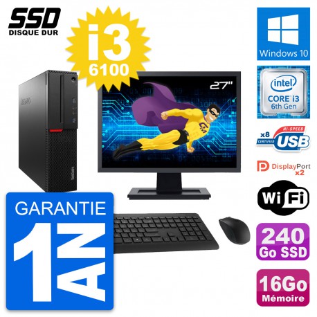 PC Lenovo M800 SFF Ecran 27" Intel i3-6100 RAM 16Go SSD 240Go Windows 10 Wifi