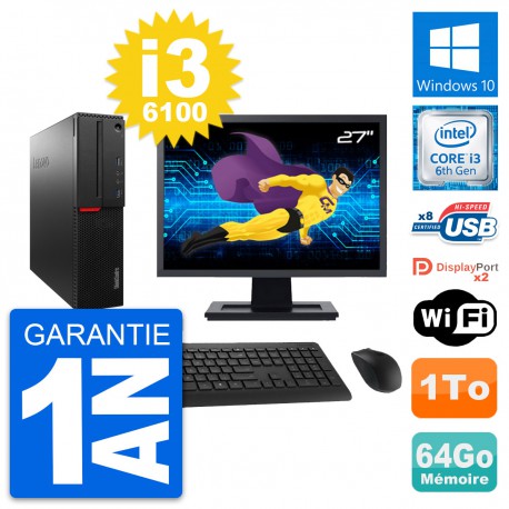 PC Lenovo M800 SFF Ecran 27" Intel i3-6100 RAM 64Go Disque 1To Windows 10 Wifi