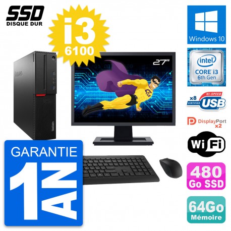 PC Lenovo M800 SFF Ecran 27" Intel i3-6100 RAM 64Go SSD 480Go Windows 10 Wifi