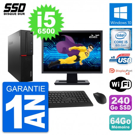 PC Lenovo M800 SFF Ecran 22" Intel i5-6500 RAM 64Go SSD 240Go Windows 10 Wifi