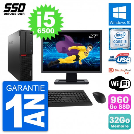 PC Lenovo M800 SFF Ecran 27" Intel i5-6500 RAM 32Go SSD 960Go Windows 10 Wifi