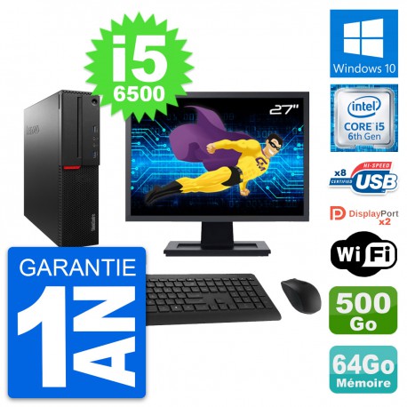 PC Lenovo M800 SFF Ecran 27" Intel i5-6500 RAM 64Go Disque 500Go Windows 10 Wifi