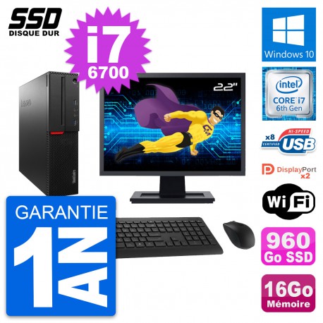 PC Lenovo M800 SFF Ecran 22" Intel i7-6700 RAM 16Go SSD 960Go Windows 10 Wifi