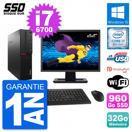 PC Lenovo M800 SFF Ecran 22" Intel i7-6700 RAM 32Go SSD 960Go Windows 10 Wifi