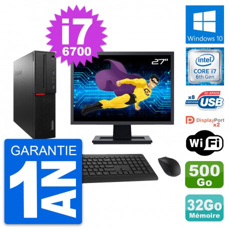 PC Lenovo M800 SFF Ecran 27" Intel i7-6700 RAM 32Go Disque 500Go Windows 10 Wifi