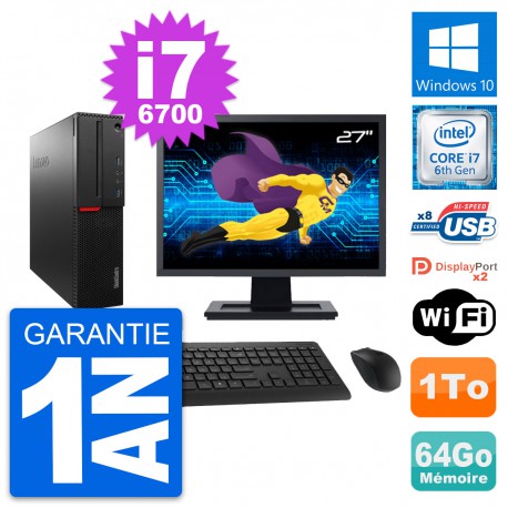PC Lenovo M800 SFF Ecran 27" Intel i7-6700 RAM 64Go Disque 1To Windows 10 Wifi