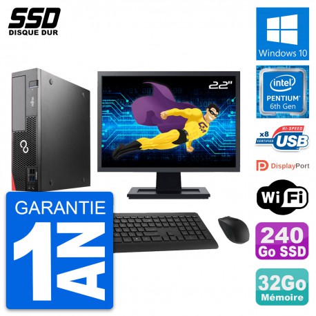 PC Fujitsu D556 DT Ecran 22" Intel G4400 RAM 32Go SSD 240Go Windows 10 Wifi