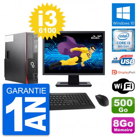 PC Fujitsu D556 DT Ecran 22" Intel i3-6100 RAM 8Go Disque 500Go Windows 10 Wifi