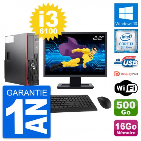 PC Fujitsu D556 DT Ecran 22" Intel i3-6100 RAM 16Go Disque 500Go Windows 10 Wifi