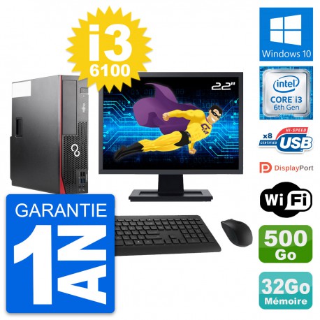 PC Fujitsu D556 DT Ecran 22" Intel i3-6100 RAM 32Go Disque 500Go Windows 10 Wifi