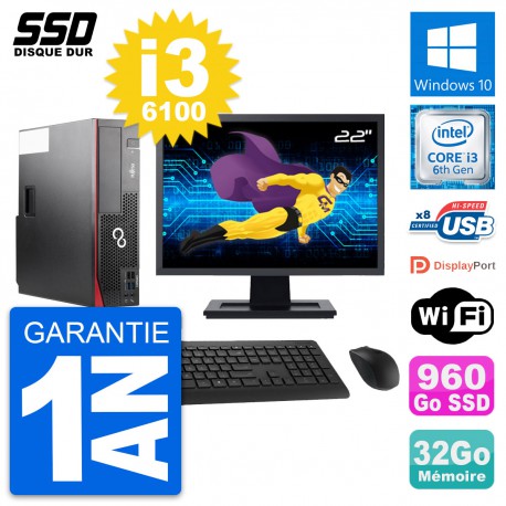 PC Fujitsu D556 DT Ecran 22" Intel i3-6100 RAM 32Go SSD 960Go Windows 10 Wifi