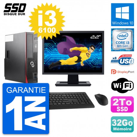 PC Fujitsu D556 DT Ecran 22" Intel Core i3-6100 RAM 32Go SSD 2To Windows 10 Wifi