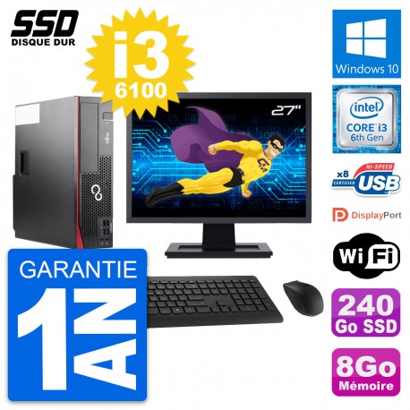 PC Fujitsu D556 DT Ecran 27" Intel i3-6100 RAM 8Go SSD 240Go Windows 10 Wifi