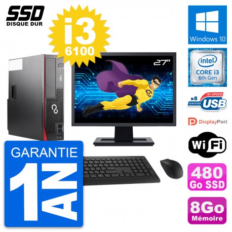 PC Fujitsu D556 DT Ecran 27" Intel i3-6100 RAM 8Go SSD 480Go Windows 10 Wifi