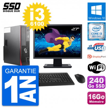 PC Fujitsu D556 DT Ecran 27" Intel i3-6100 RAM 16Go SSD 240Go Windows 10 Wifi