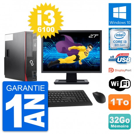 PC Fujitsu D556 DT Ecran 27" Intel i3-6100 RAM 32Go Disque 1To Windows 10 Wifi
