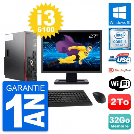 PC Fujitsu D556 DT Ecran 27" Intel i3-6100 RAM 32Go Disque 2To Windows 10 Wifi