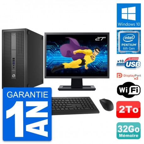 PC Tour HP 800 G2 Ecran 27" Intel G4400 RAM 32Go Disque Dur 2To Windows 10 Wifi