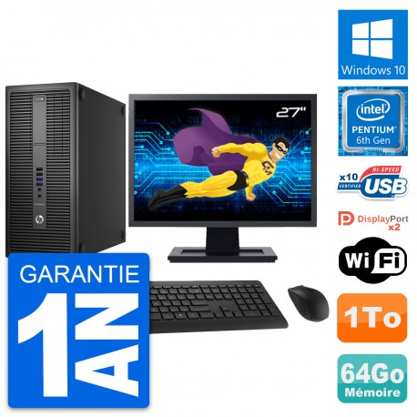 PC Tour HP 800 G2 Ecran 27" Intel G4400 RAM 64Go Disque Dur 1To Windows 10 Wifi