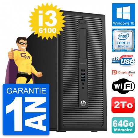 PC Tour HP EliteDesk 800 G2 Intel i3-6100 RAM 64Go Disque Dur 2To Windows 10 Wifi