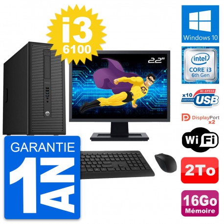 PC Tour HP 800 G2 Ecran 22" Intel i3-6100 RAM 16Go Disque Dur 2To Windows 10 Wifi