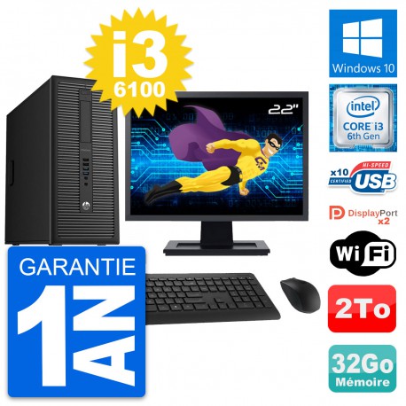 PC Tour HP 800 G2 Ecran 22" Intel i3-6100 RAM 32Go Disque Dur 2To Windows 10 Wifi