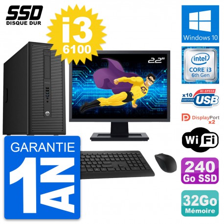 PC Tour HP EliteDesk 800 G2 Ecran 22" i3-6100 RAM 32Go SSD 240Go Windows 10 Wifi