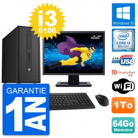 PC Tour HP 800 G2 Ecran 22" Intel i3-6100 RAM 64Go Disque Dur 1To Windows 10 Wifi
