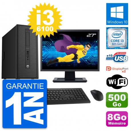 PC Tour HP 800 G2 Ecran 27" Intel i3-6100 RAM 8Go Disque 500Go Windows 10 Wifi
