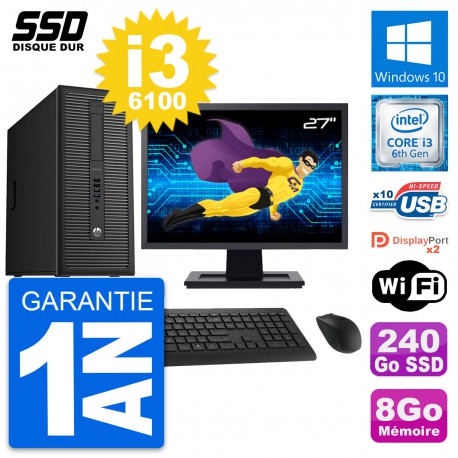 PC Tour HP EliteDesk 800 G2 Ecran 27" i3-6100 RAM 8Go SSD 240Go Windows 10 Wifi