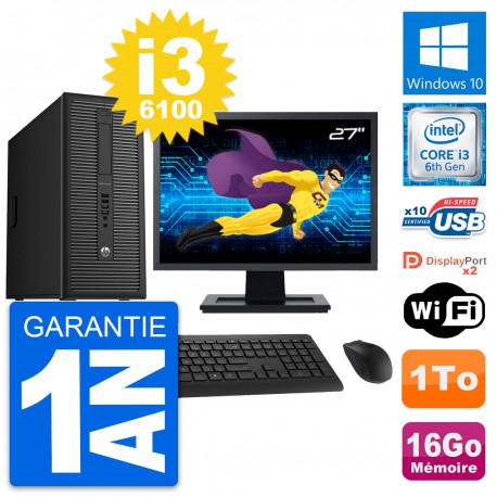 PC Tour HP 800 G2 Ecran 27" Intel i3-6100 RAM 16Go Disque Dur 1To Windows 10 Wifi