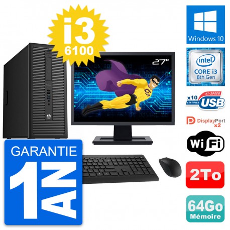 PC Tour HP 800 G2 Ecran 27" Intel i3-6100 RAM 64Go Disque Dur 2To Windows 10 Wifi