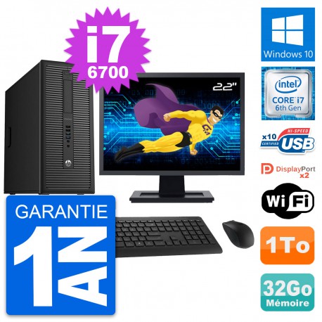 PC Tour HP 800 G2 Ecran 22" Intel i7-6700 RAM 32Go Disque Dur 1To Windows 10 Wifi