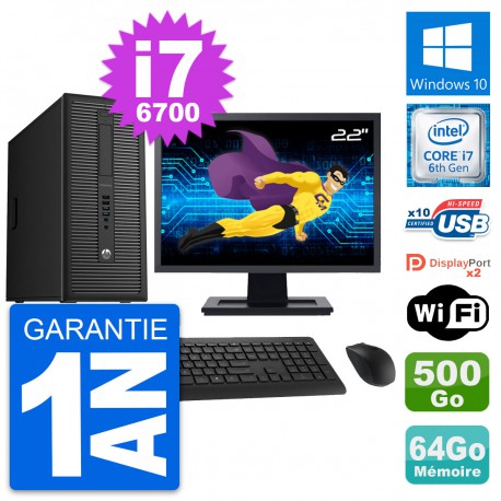 PC Tour HP 800 G2 Ecran 22" Intel i7-6700 RAM 64Go Disque 500Go Windows 10 Wifi