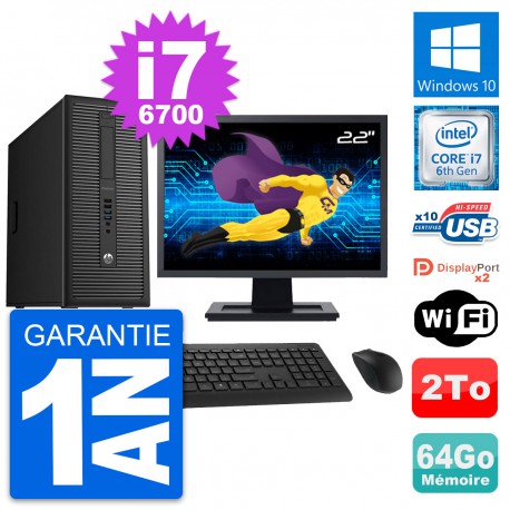 PC Tour HP 800 G2 Ecran 22" Intel i7-6700 RAM 64Go Disque Dur 2To Windows 10 Wifi