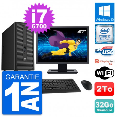 PC Tour HP 800 G2 Ecran 27" Intel i7-6700 RAM 32Go Disque Dur 2To Windows 10 Wifi