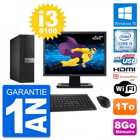 PC Dell 5040 SFF Ecran 22" i3-6100 RAM 8Go Disque Dur 1To HDMI Windows 10 Wifi