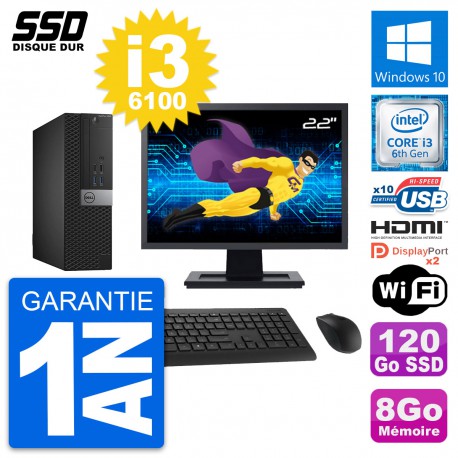 PC Dell 5040 SFF Ecran 22" Intel i3-6100 RAM 8Go SSD 120Go HDMI Windows 10 Wifi