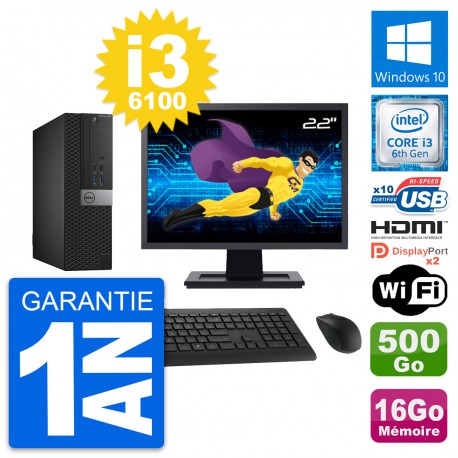 PC Dell 5040 SFF Ecran 22" i3-6100 RAM 16Go Disque 500Go HDMI Windows 10 Wifi