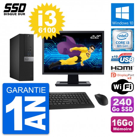 PC Dell 5040 SFF Ecran 22" Intel i3-6100 RAM 16Go SSD 240Go HDMI Windows 10 Wifi