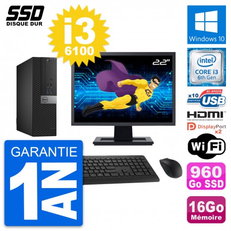 PC Dell 5040 SFF Ecran 22" Intel i3-6100 RAM 16Go SSD 960Go HDMI Windows 10 Wifi