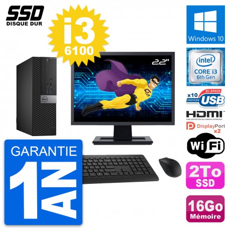 PC Dell 5040 SFF Ecran 22" Intel i3-6100 RAM 16Go SSD 2To HDMI Windows 10 Wifi