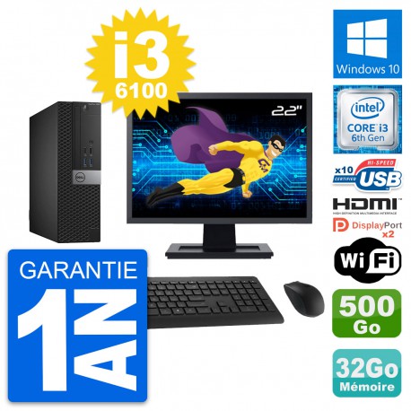 PC Dell 5040 SFF Ecran 22" i3-6100 RAM 32Go Disque 500Go HDMI Windows 10 Wifi