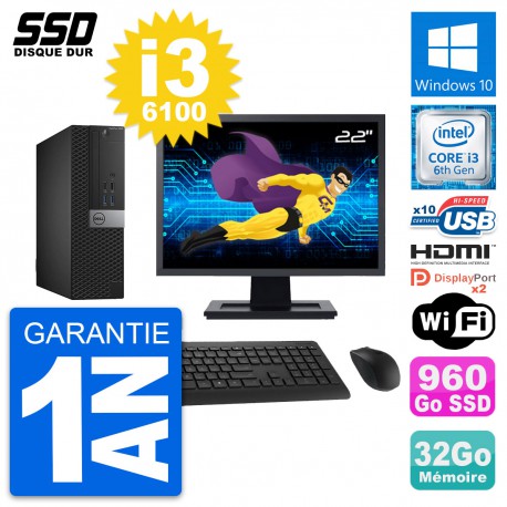 PC Dell 5040 SFF Ecran 22" Intel i3-6100 RAM 32Go SSD 960Go HDMI Windows 10 Wifi