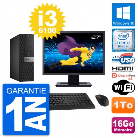 PC Dell 5040 SFF Ecran 27" Core i3-6100 RAM 16Go Disque 1To HDMI Windows 10 Wifi