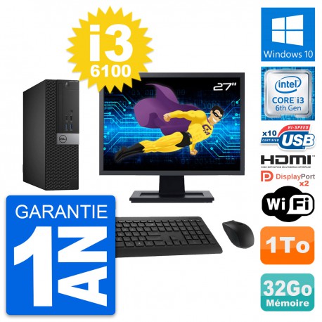 PC Dell 5040 SFF Ecran 27" Core i3-6100 RAM 32Go Disque 1To HDMI Windows 10 Wifi