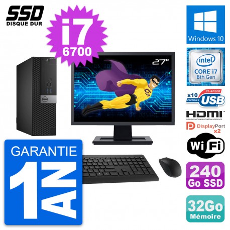 PC Dell 5040 SFF Ecran 27" Intel i7-6700 RAM 32Go SSD 240Go HDMI Windows 10 Wifi